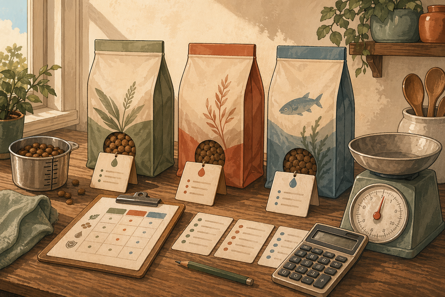 Editorial still life for comparing pet foods with three bags, note cards, a calculator, measuring cup, and a scale.