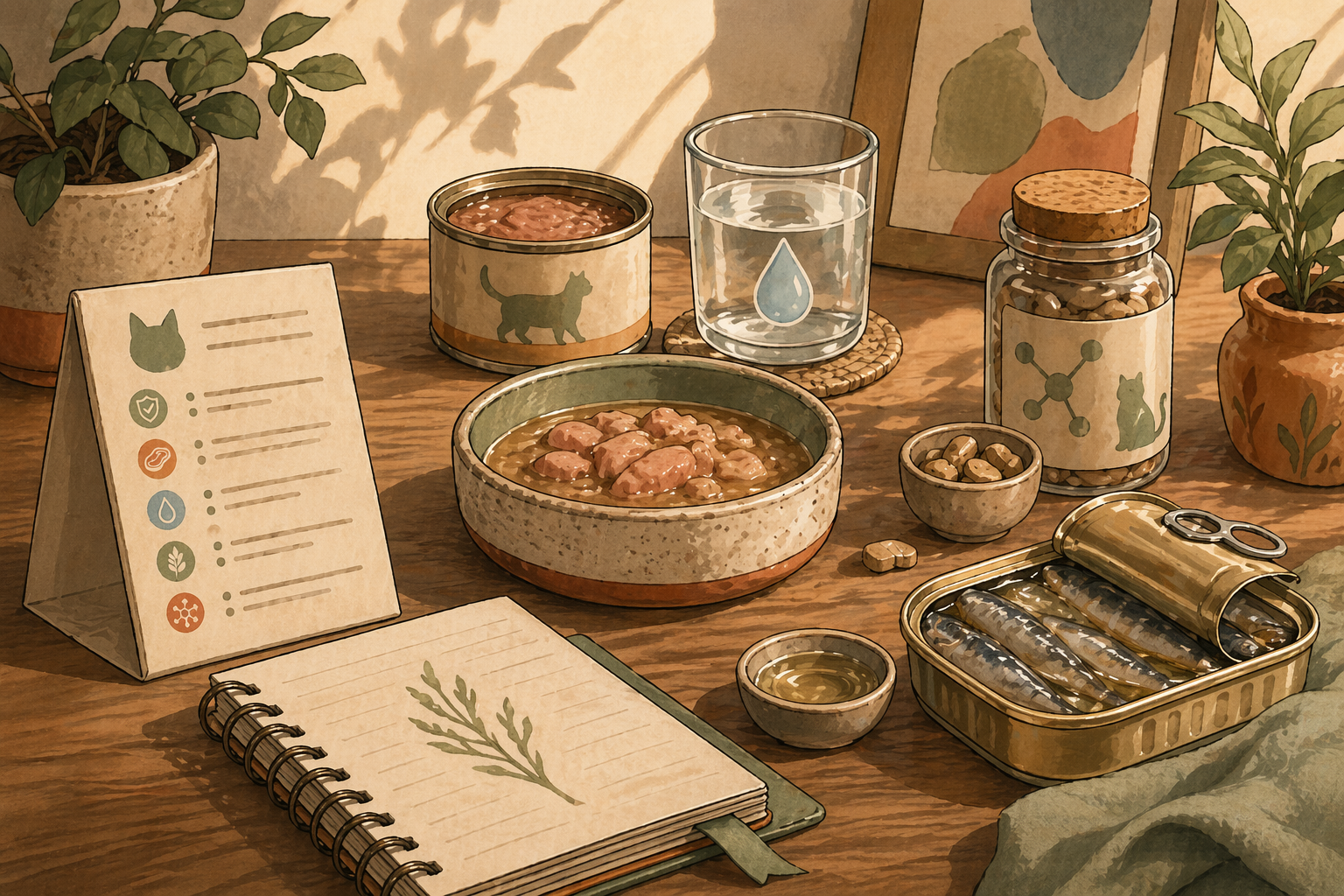 Editorial still life with canned cat food, a bowl, treat jar, water glass, and feline feeding notes on a warm desk.