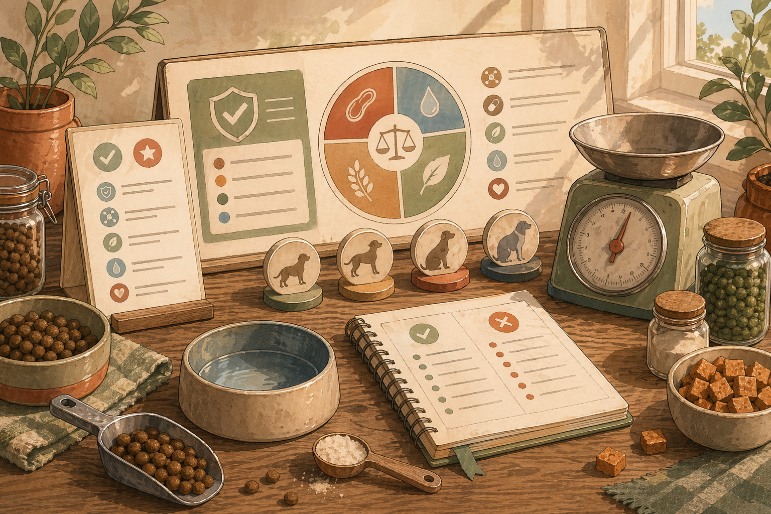 Editorial concept illustration for complete-and-balanced and life-stage labels with charts, bowls, and a reference board.