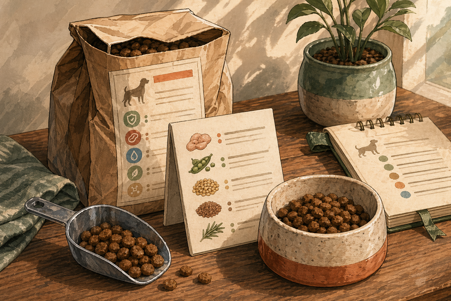Editorial still life with a dog food bag, portion scoop, bowl of kibble, and feeding notes on a warm desk.