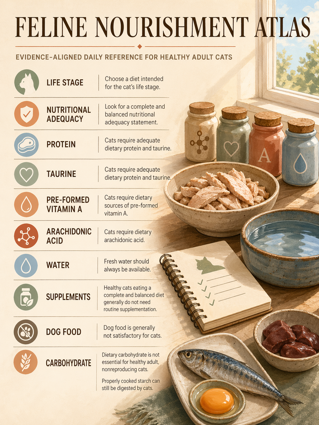Cat nutrition overview with hydration and food cues arranged on a warm desk.