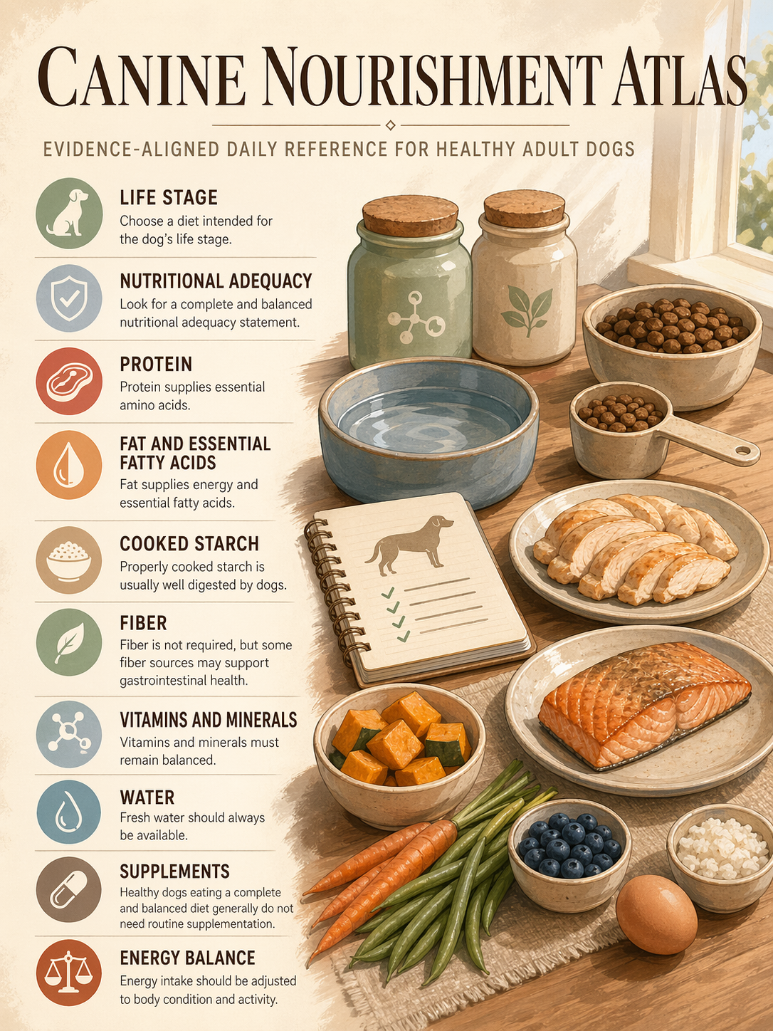 Dog nutrition overview with food and nutrient cues arranged on a warm desk.