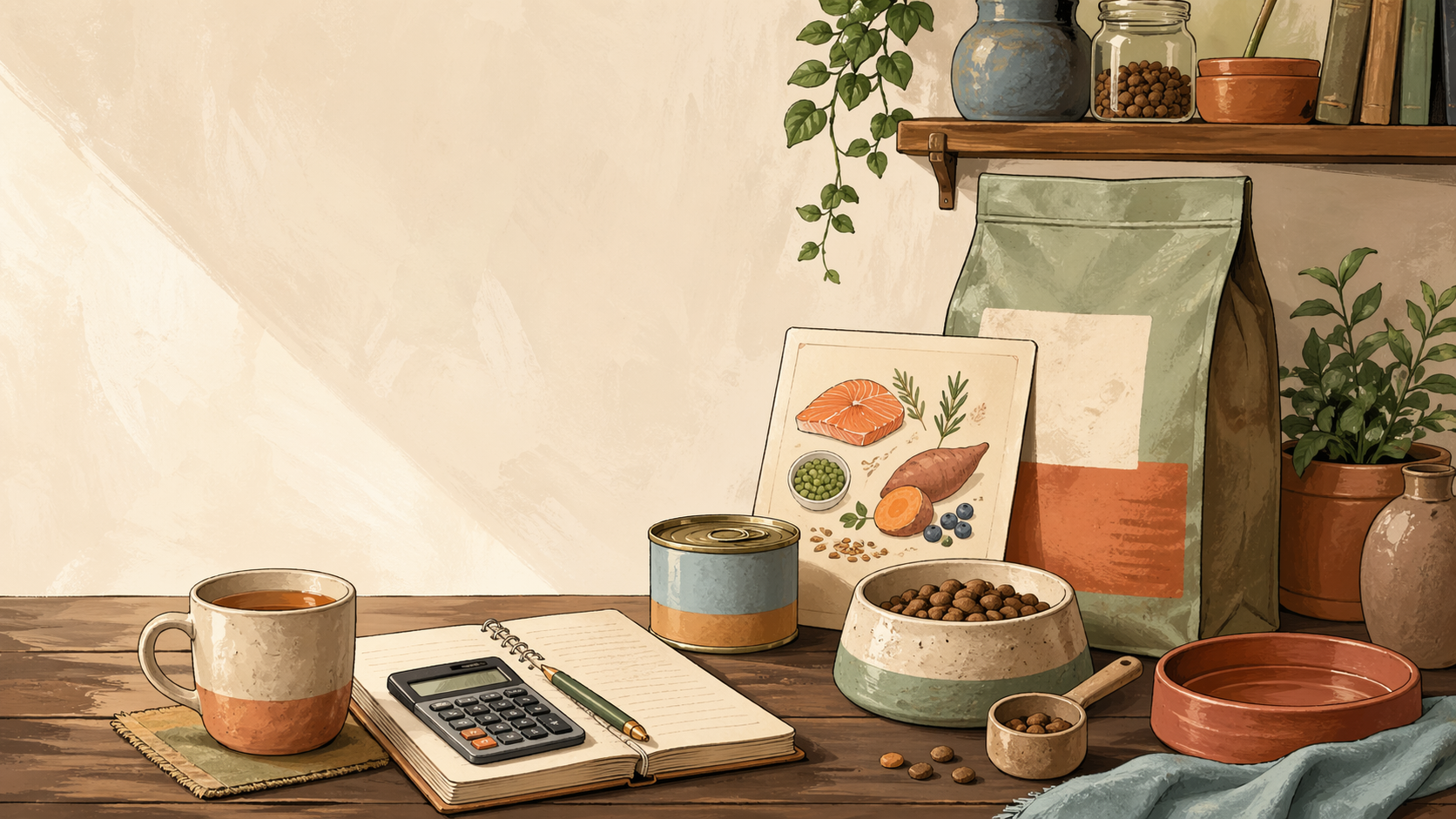 Pet food guide still life with notebook, food bag, bowl, scoop, and shelf details.