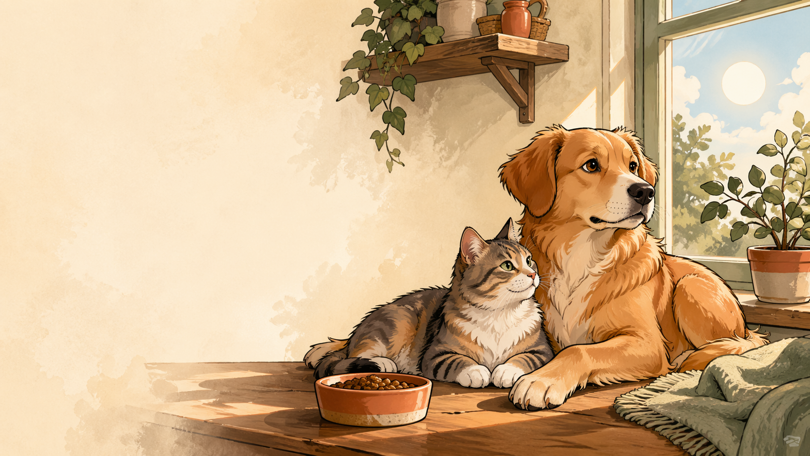 A dog and cat resting together on a sunlit desk by a window.